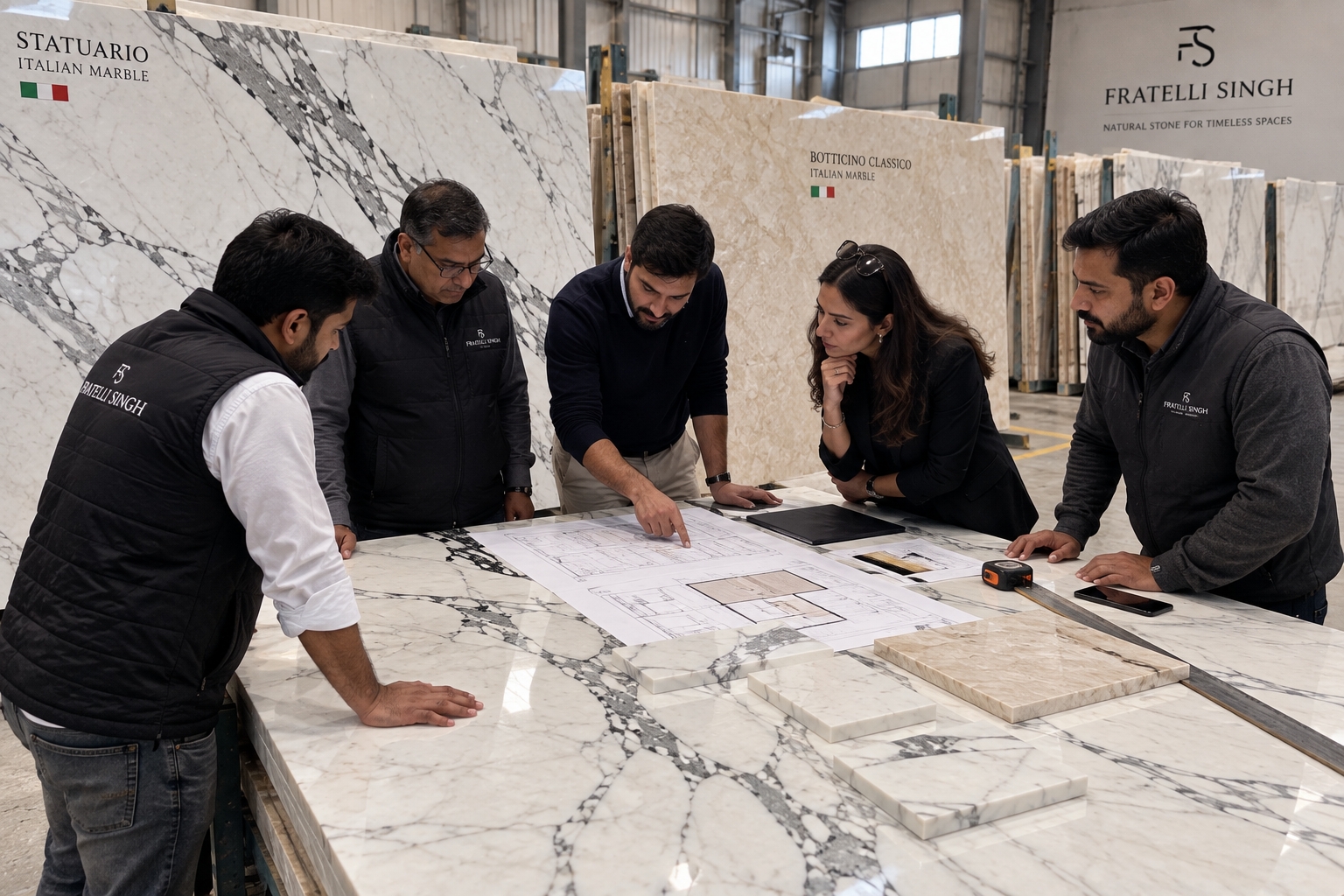 Fratelli Singh team planning Statuario marble slab cuts over a project drawing