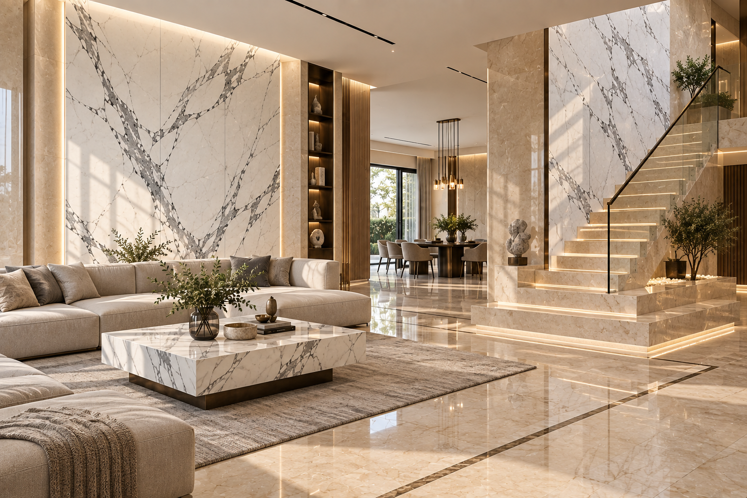 Statuario and Botticino marble used together in a luxury interior floor and wall design