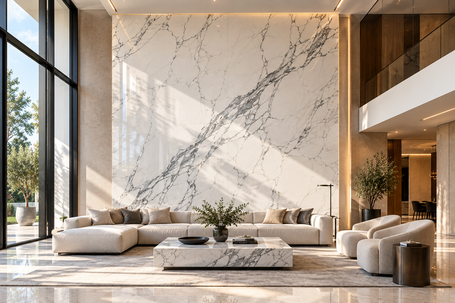 Statuario marble feature wall in a luxury interior