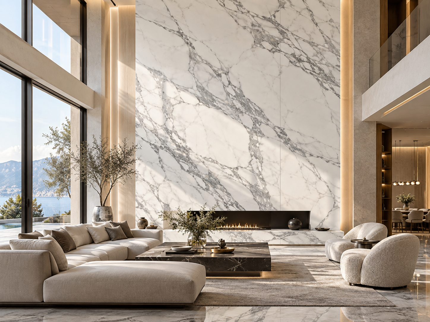 Statuario marble feature wall in a modern luxury living room