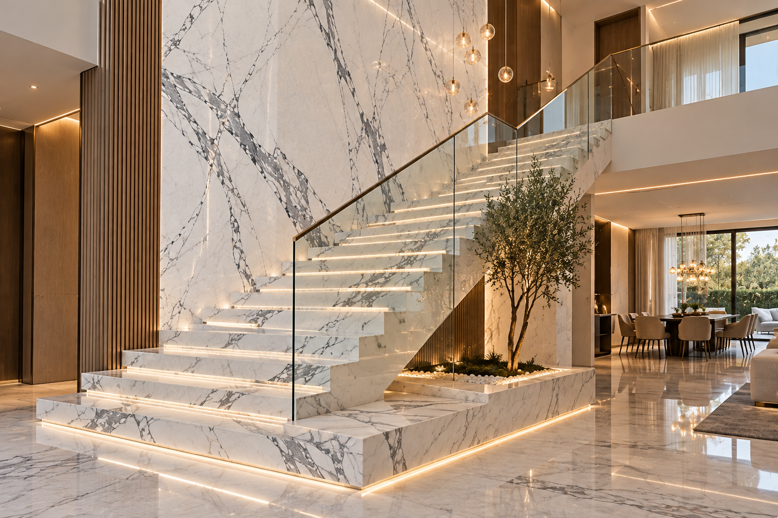 Statuario Italian marble staircase with grey veining and warm lighting