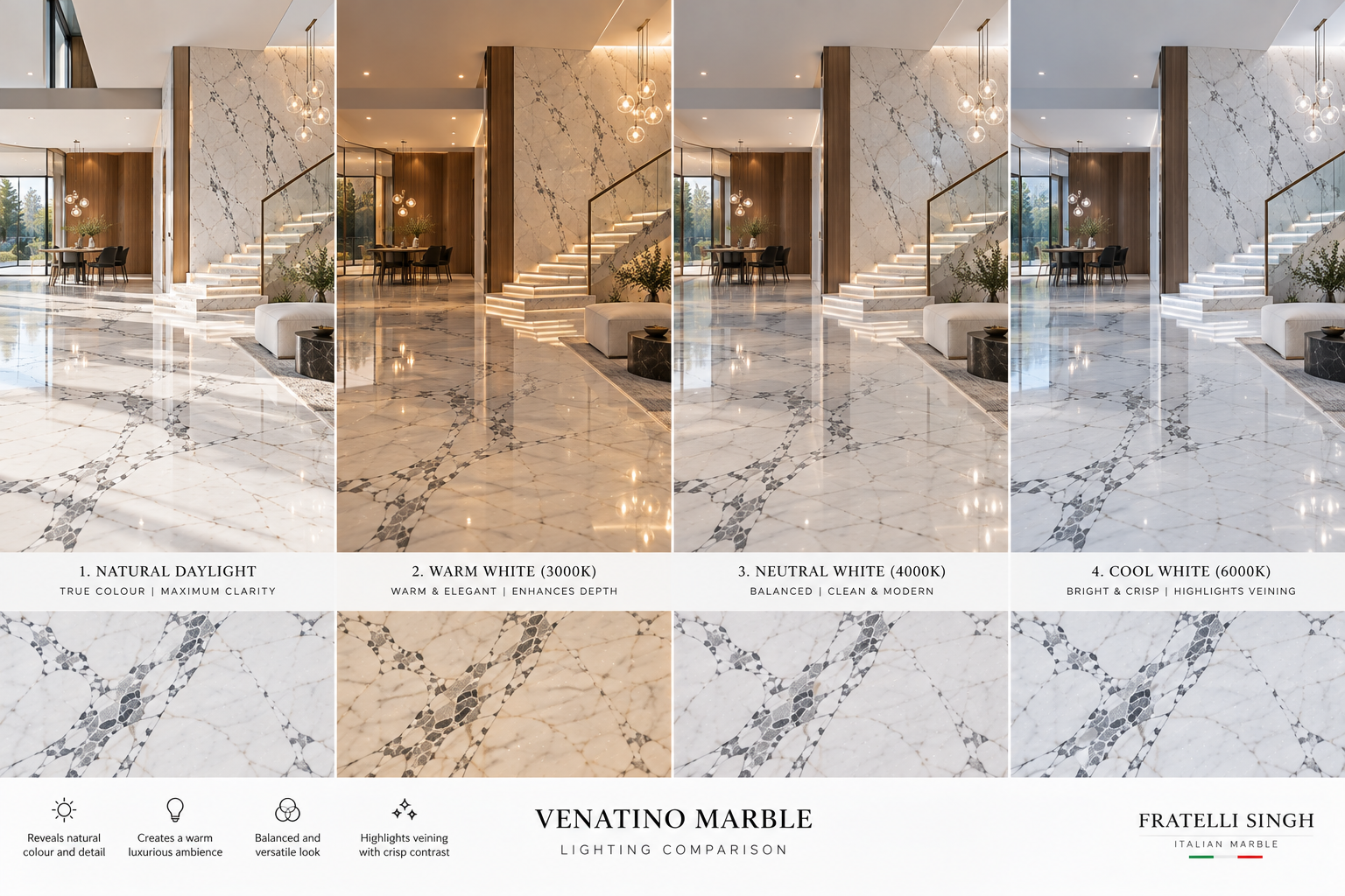 Venatino marble lighting comparison in daylight, warm white, neutral white and cool white
