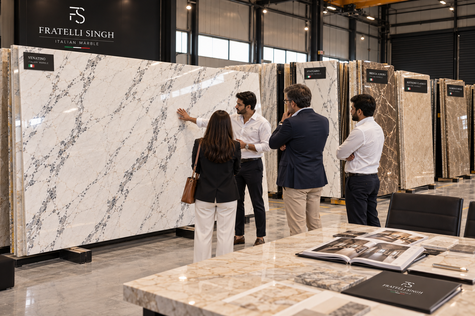 Fratelli Singh team and client viewing Venatino marble slabs in a showroom