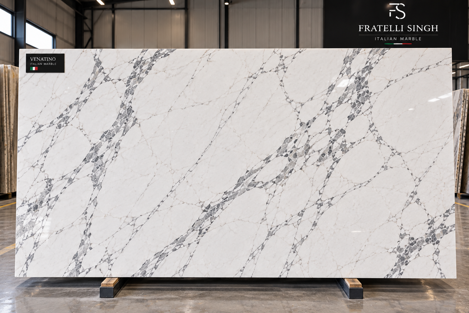 Full Venatino marble slab with fine grey veining