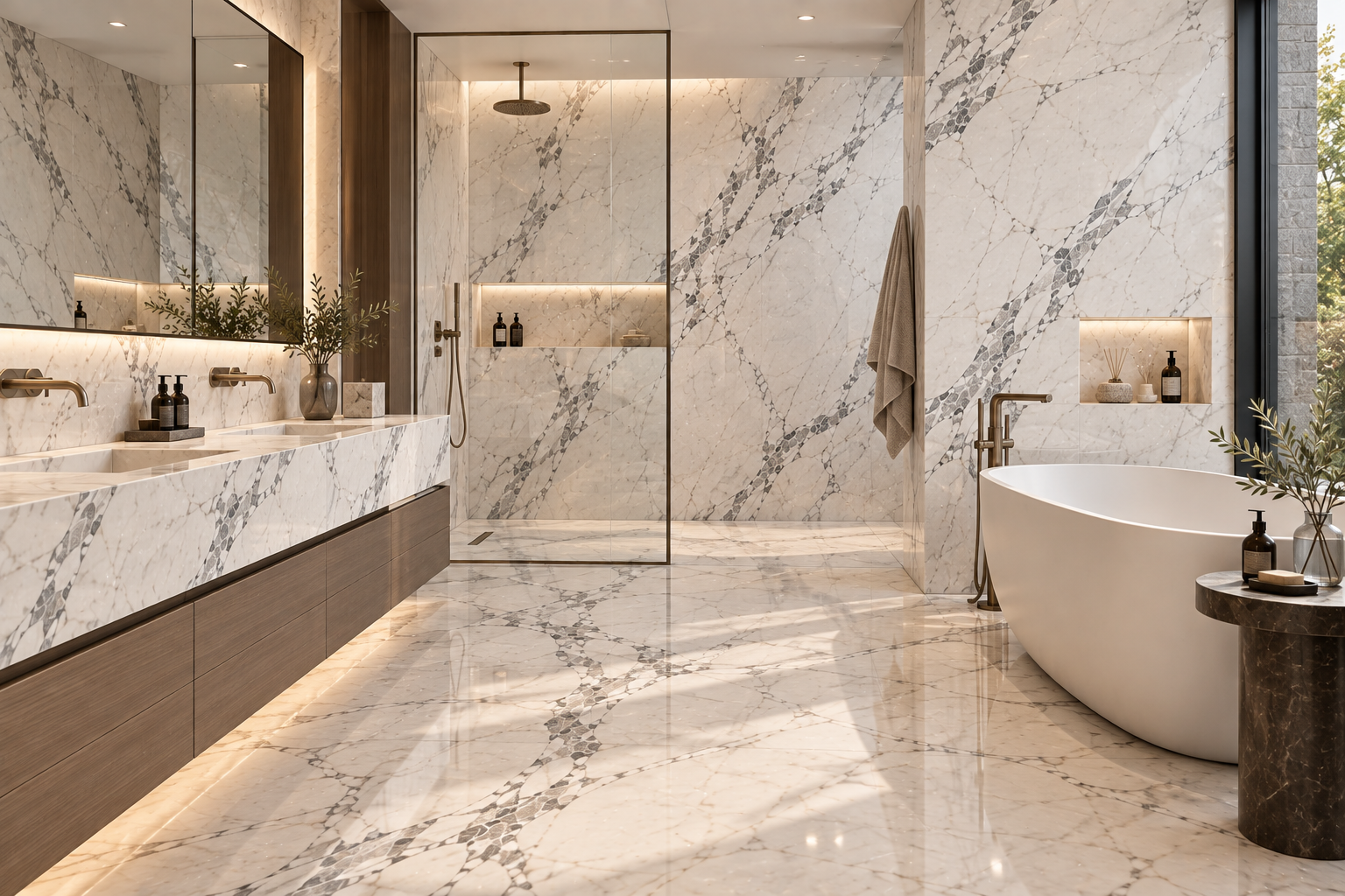 Venatino marble bathroom with a pale oak vanity and soft metal fittings