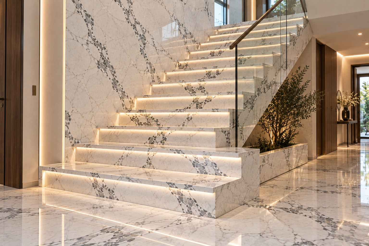 Venatino marble staircase with integrated soft lighting