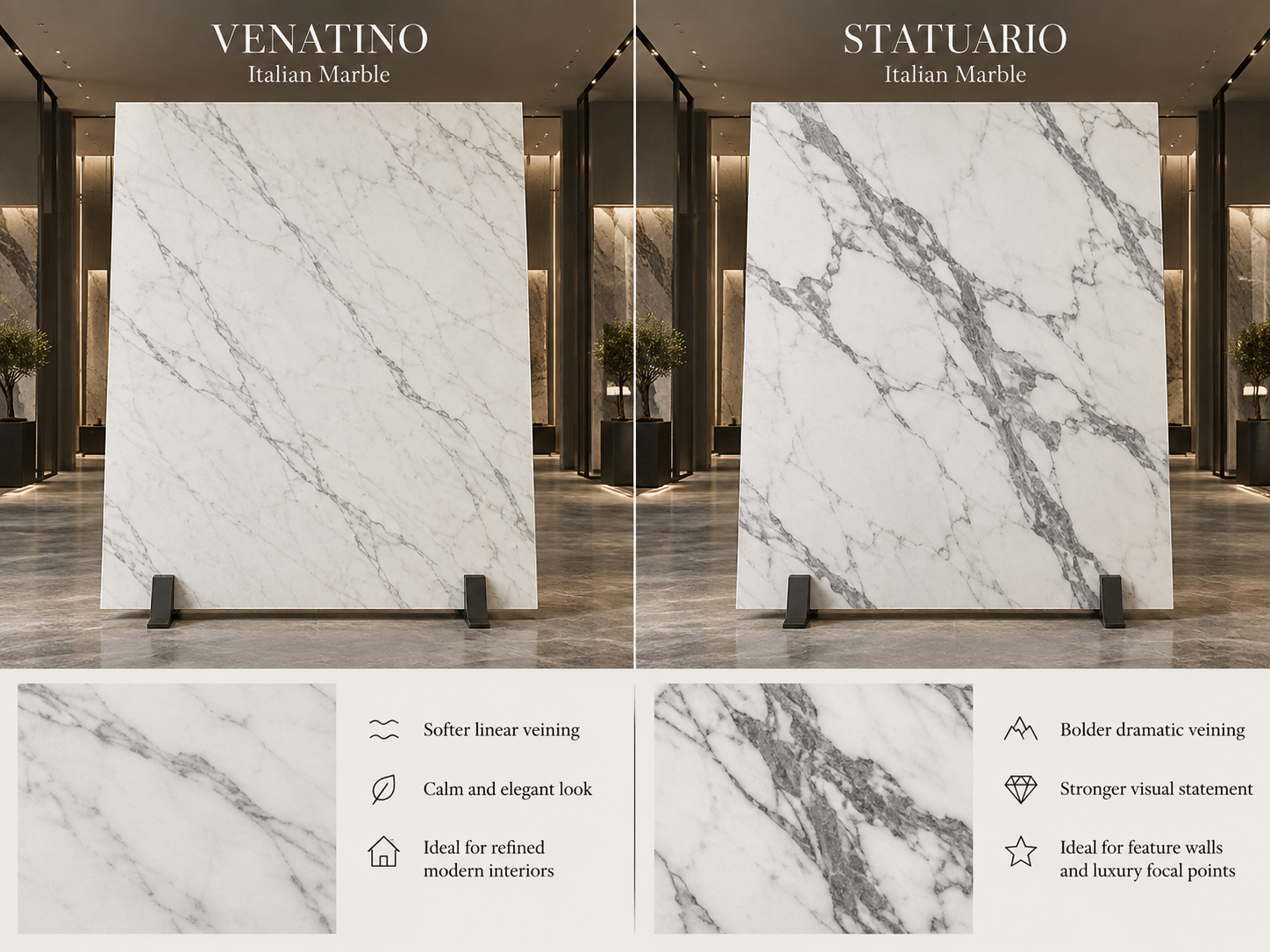 Venatino marble compared with Statuario Italian marble