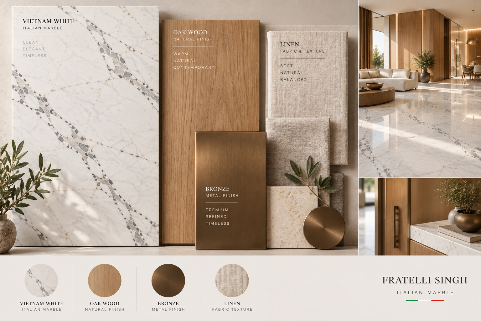 Vietnam White marble paired with oak wood, linen and bronze finishes