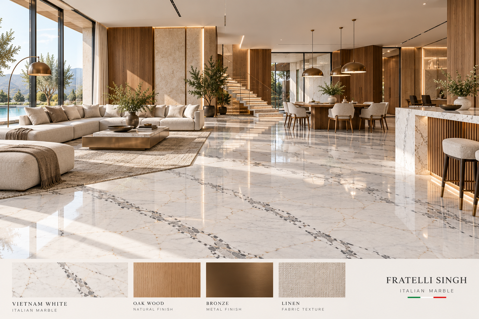 Vietnam White marble flooring across a bright villa living and dining room