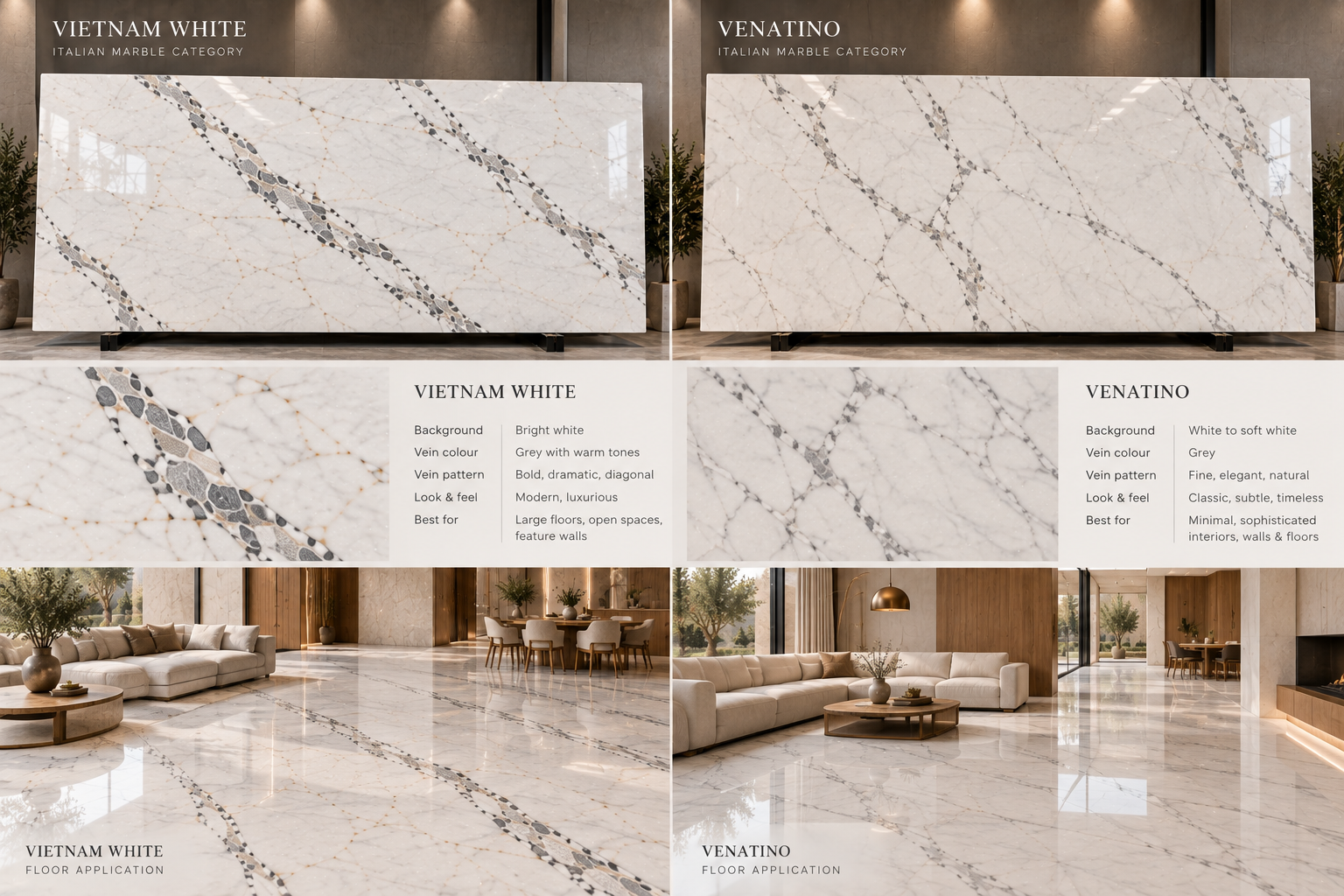 Vietnam White and Venatino marble comparison showing slab character and floor applications