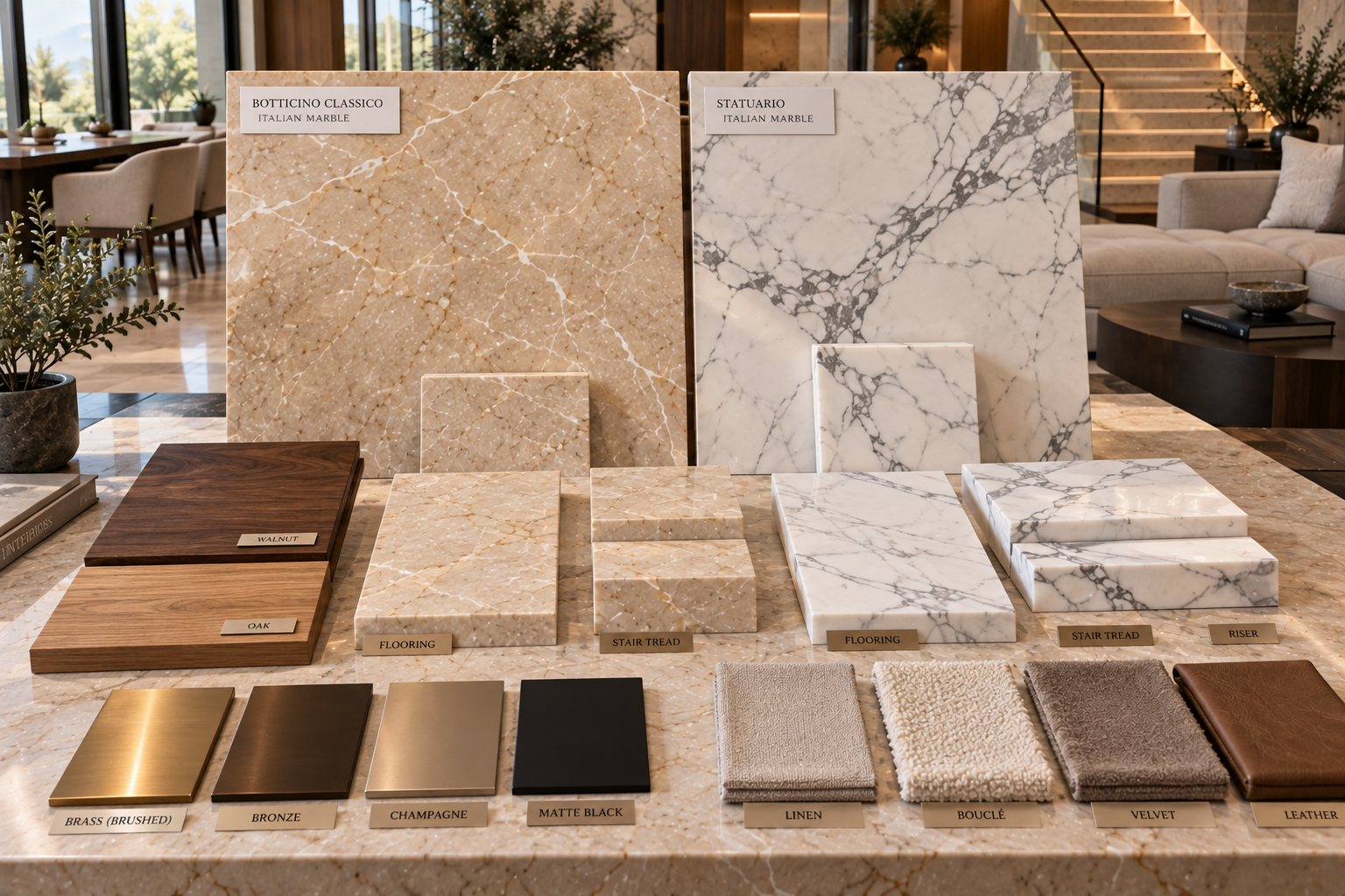 Botticino, Statuario, Venatino and Brescia Aurora marble samples compared with walnut, light oak, bronze, metal and fabric