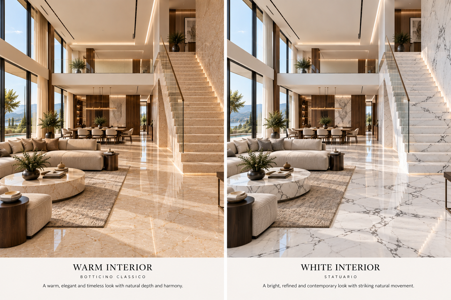Warm Botticino and white marble interiors compared side by side