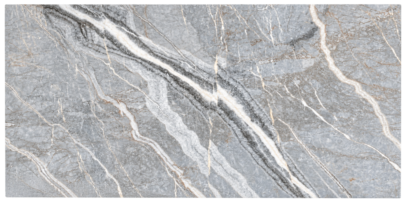 Polished Fiori di Pesco grey marble slab with sweeping ivory and warm-toned veins