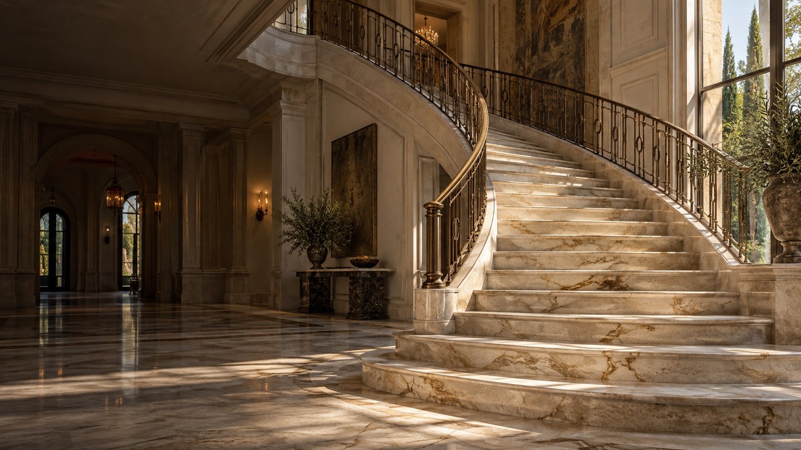Classic curved staircase foyer with warm beige marble stairs and flooring