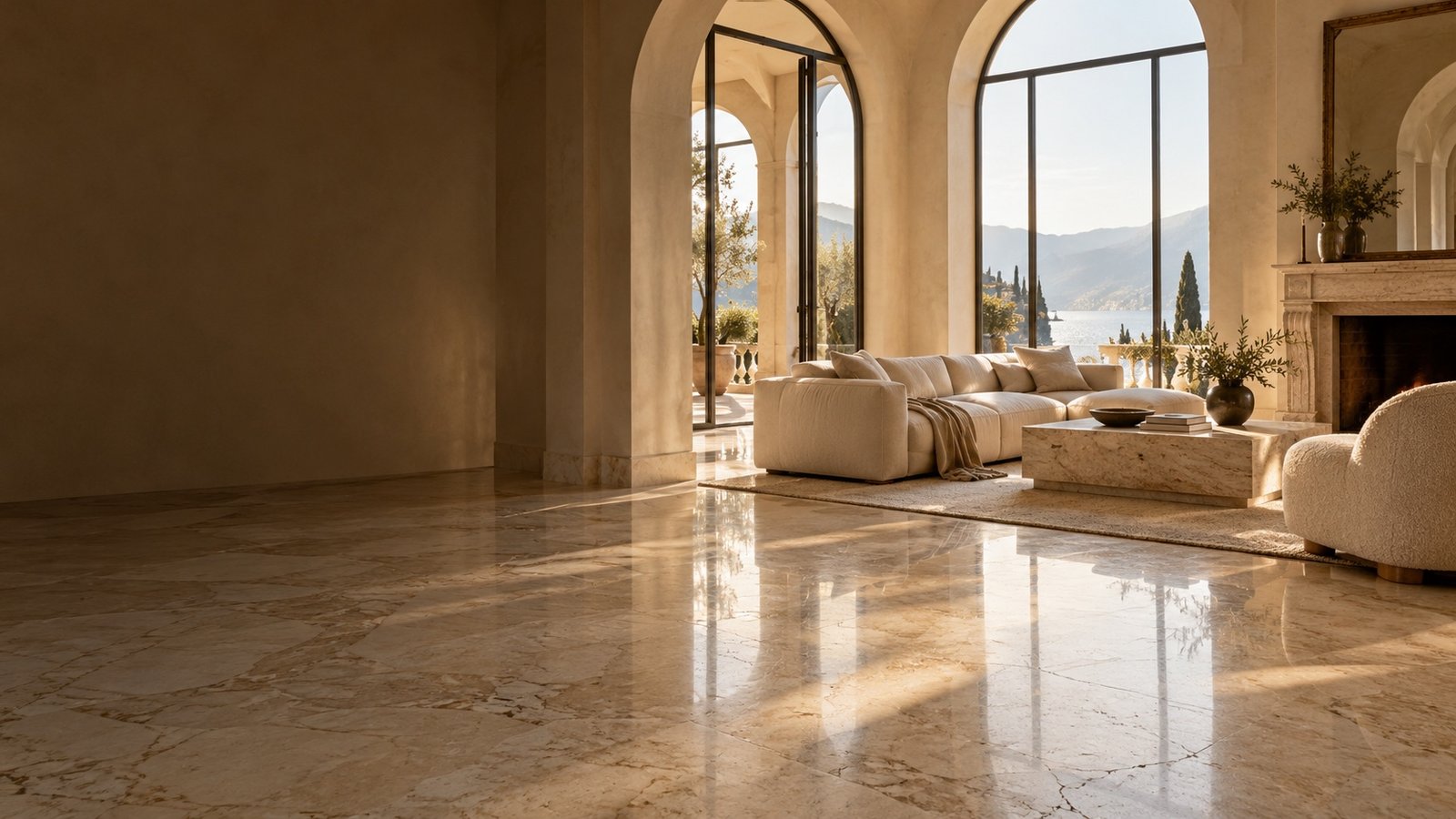 Sunlit Mediterranean villa living room with warm beige marble flooring