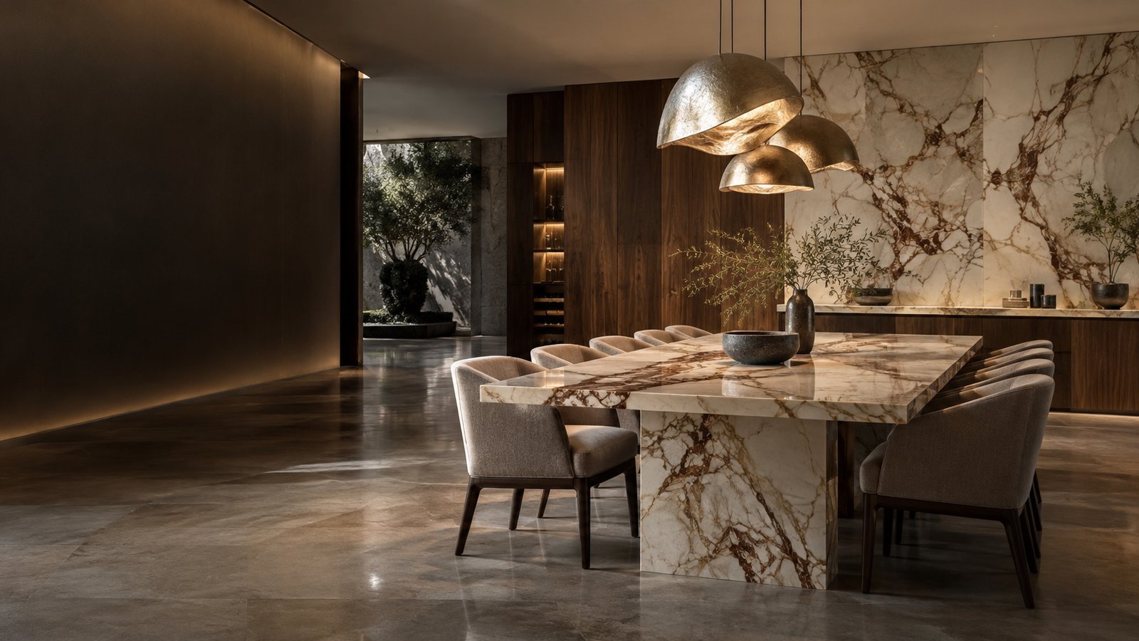 Moody dining room featuring expressive marble surfaces, warm wood and soft lighting