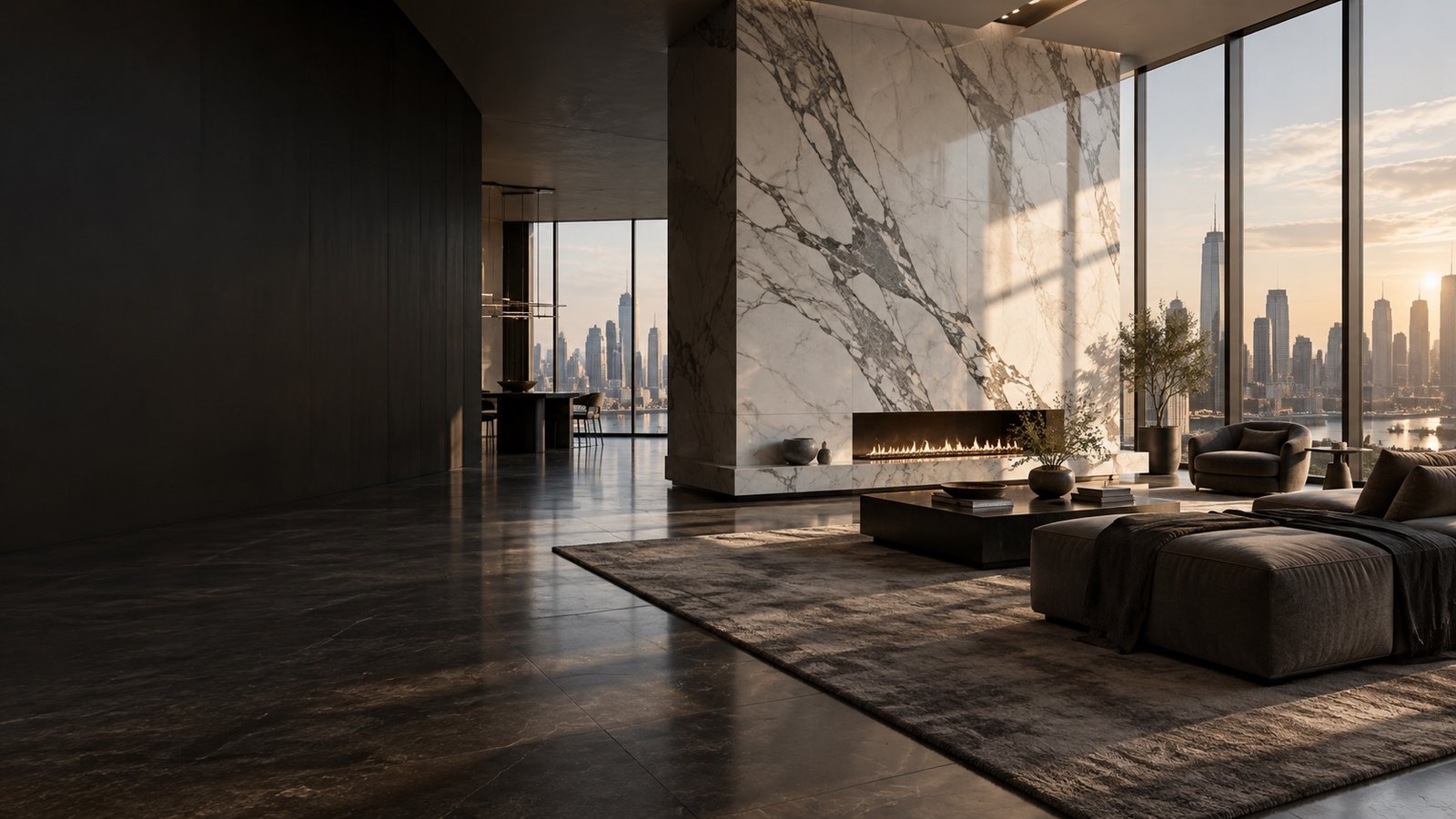 Penthouse interior with a dramatic white marble feature wall and city views