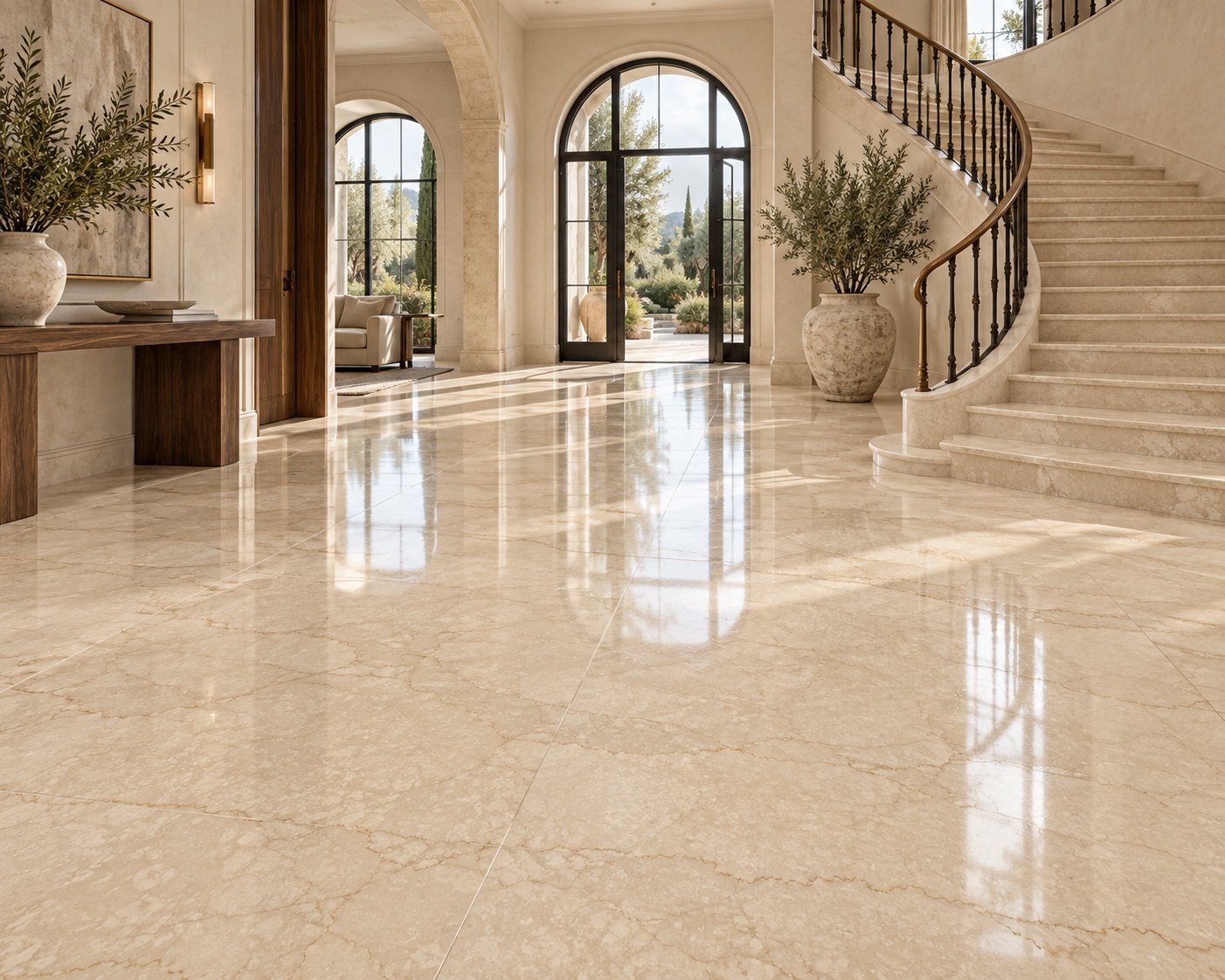 Botticino marble flooring in a sunlit Mediterranean foyer with a curved staircase