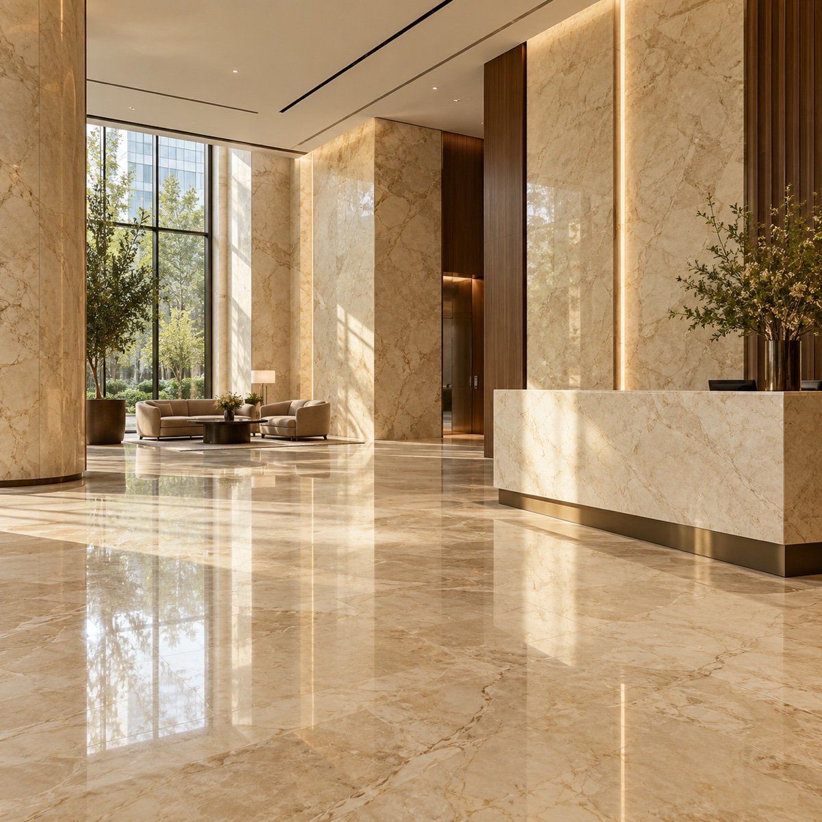 Marble lobby with greenery and a reception desk