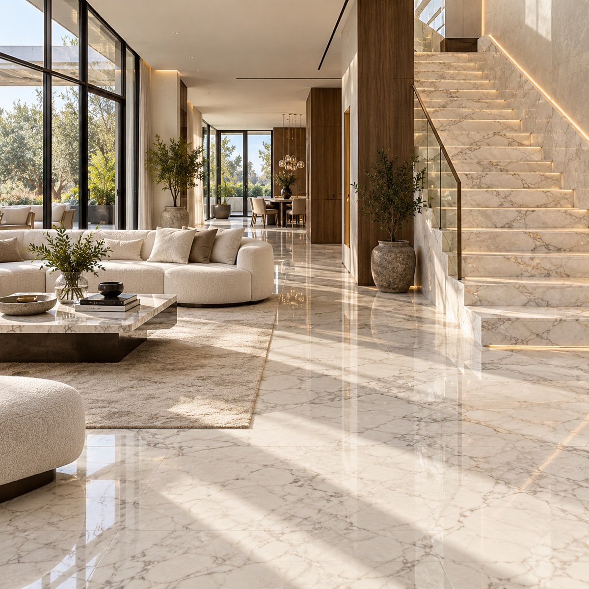 Bright marble living room with a staircase and natural light