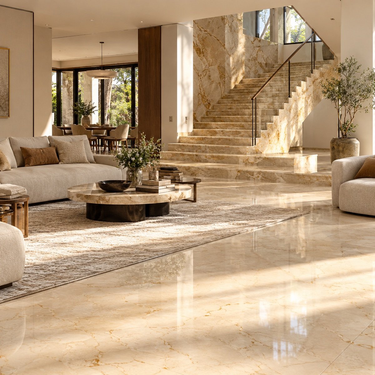 Sunlit marble living room with a stone staircase