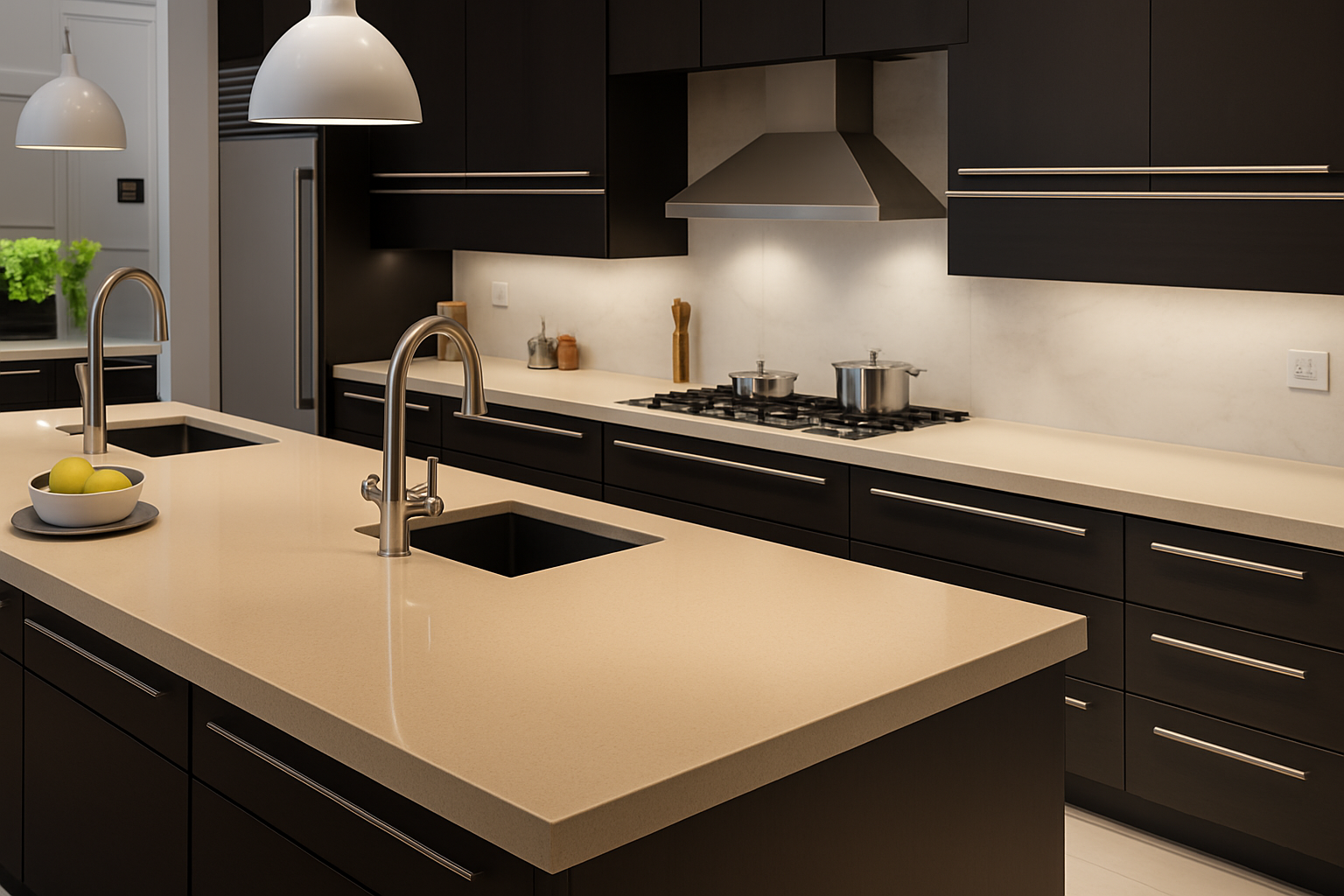 White quartz surface used for a refined kitchen worktop
