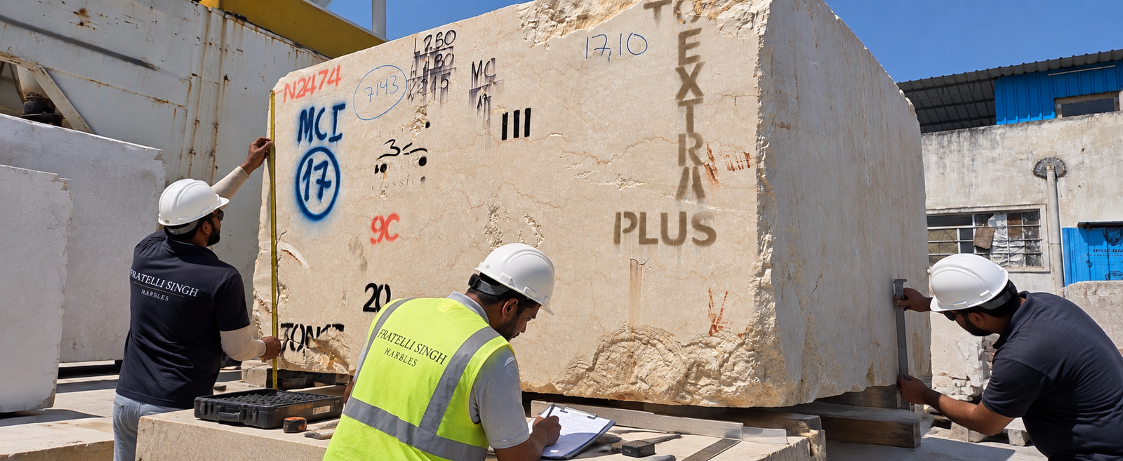 Fratelli Singh team inspecting an Italian marble block