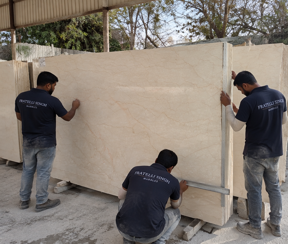 Fratelli Singh team checking a finished Italian marble slab